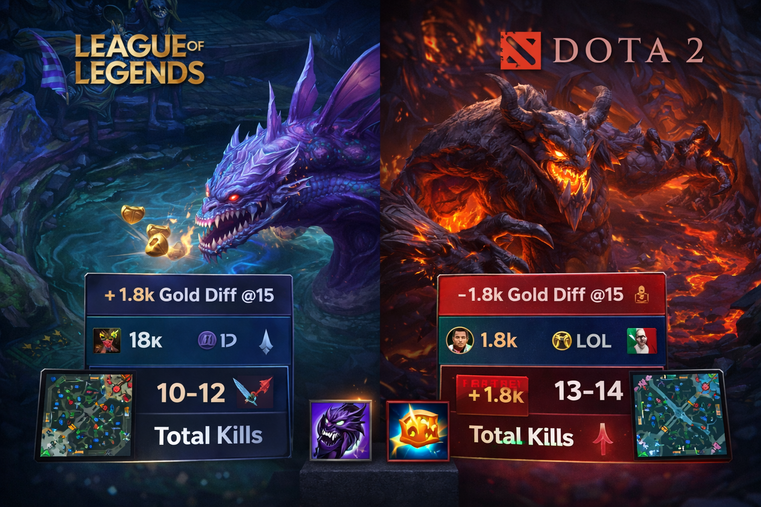 LoL & Dota 2 objektivi: Gold Diff @15, baron/roshan i total kill linije